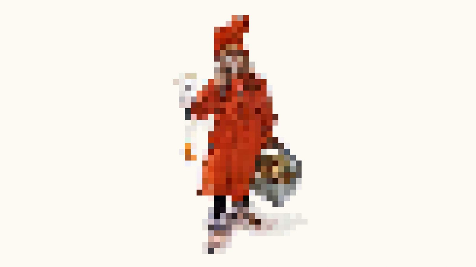 En pixlad version av den berömda målningen ”Brita som Idun” – en ung flicka i röd klänning, av Carl Larsson.