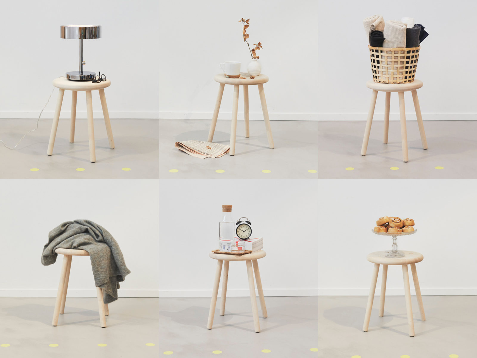Six images of blond wood stool used for different purposes such as bedside table, and side table.