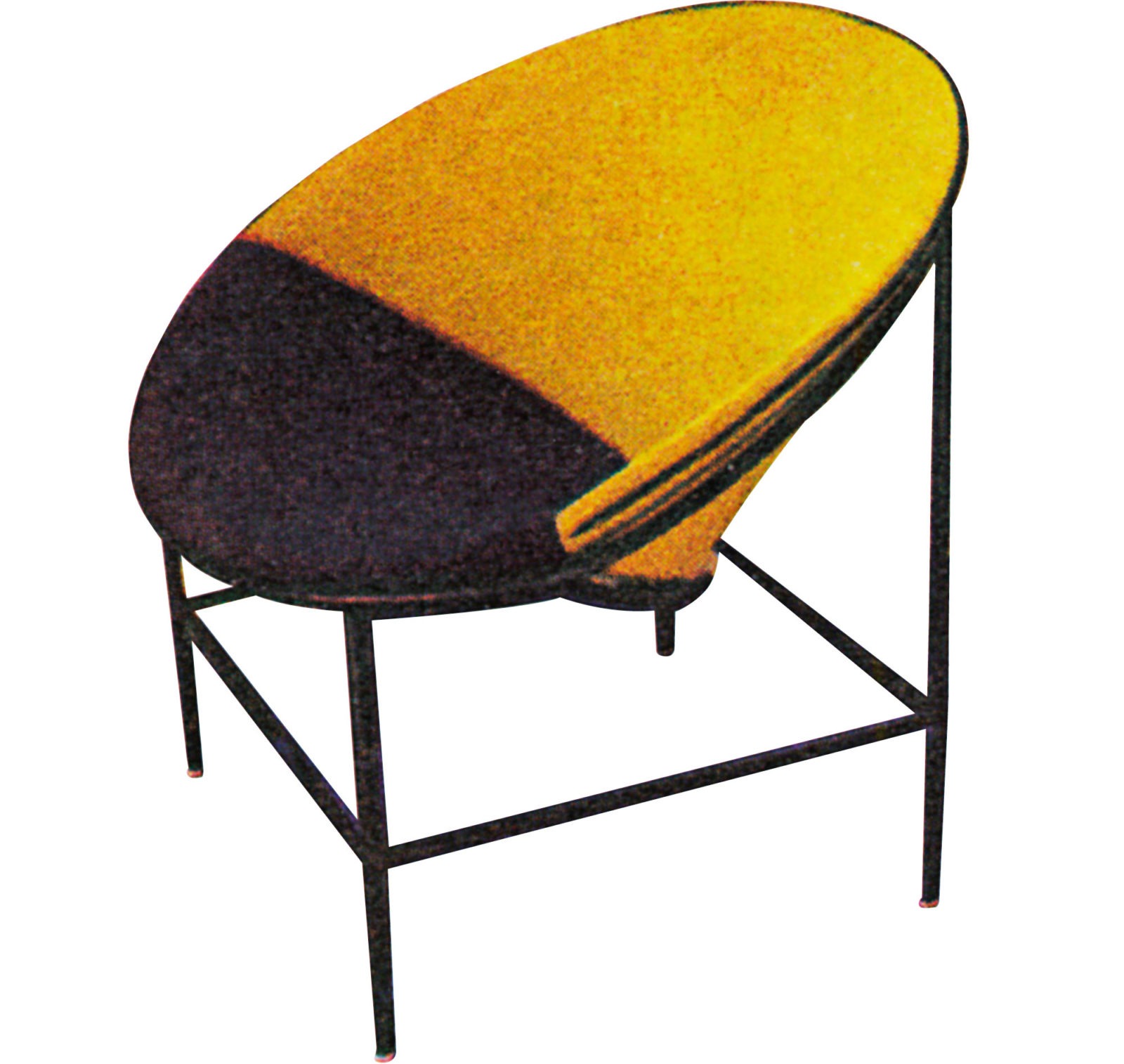Steel tube armchair with egg-shaped seat in black and yellow wool fabric.