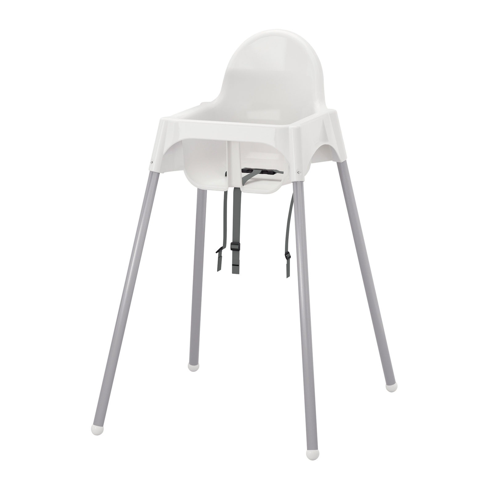 High chair for children with white plastic seat and grey metal legs, ANTILOP.