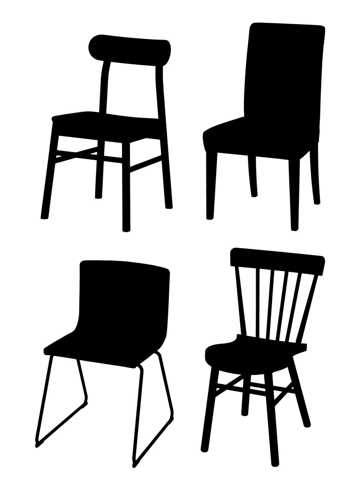 Black silhouettes of four simple chairs in different styles.