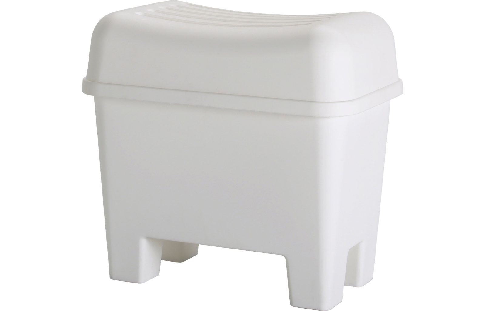 White plastic stool for storage, with a curved lid to sit on, BURSJÖN.