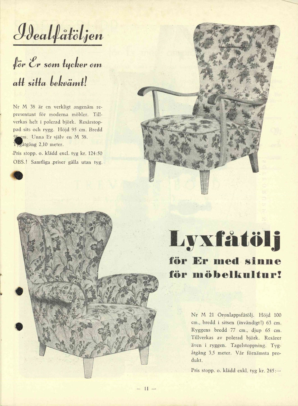 Page from IKEA catalogue with pictures of two armchairs with flower pattern, 1948-49.