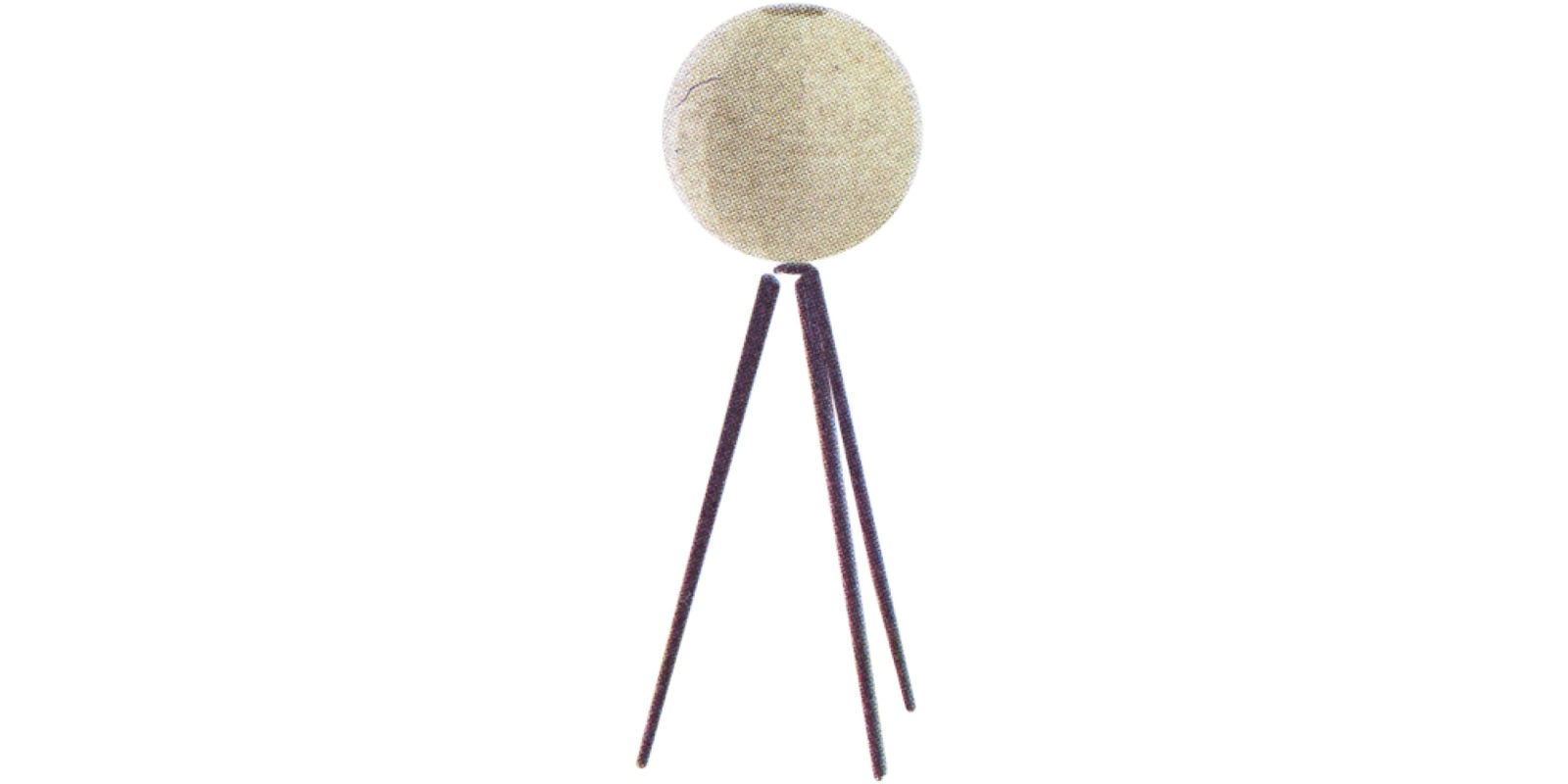 Lamp with a round bast-wrapped shade supported by three black-lacquered legs.