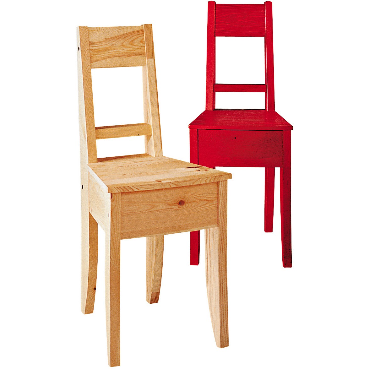 Two wooden chairs, one untreated pine, one painted bright red, EMIL.