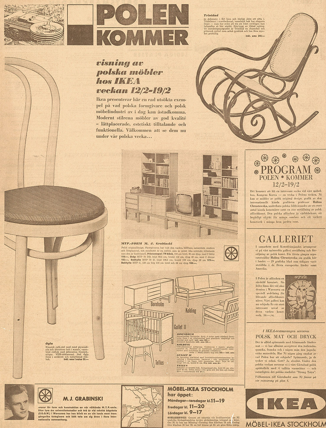 Yellowed Swedish newspaper ad, illustrations and photos of furniture made in Poland.