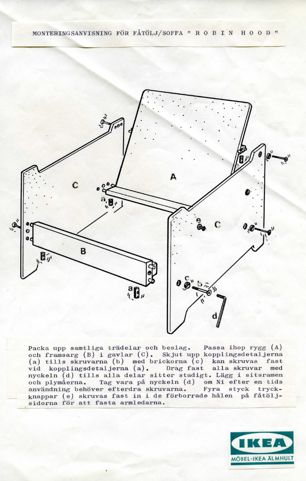 Faksimil av IKEA monteringsanvisning för fåtölj med förklaring av hur insexnyckeln ska användas.