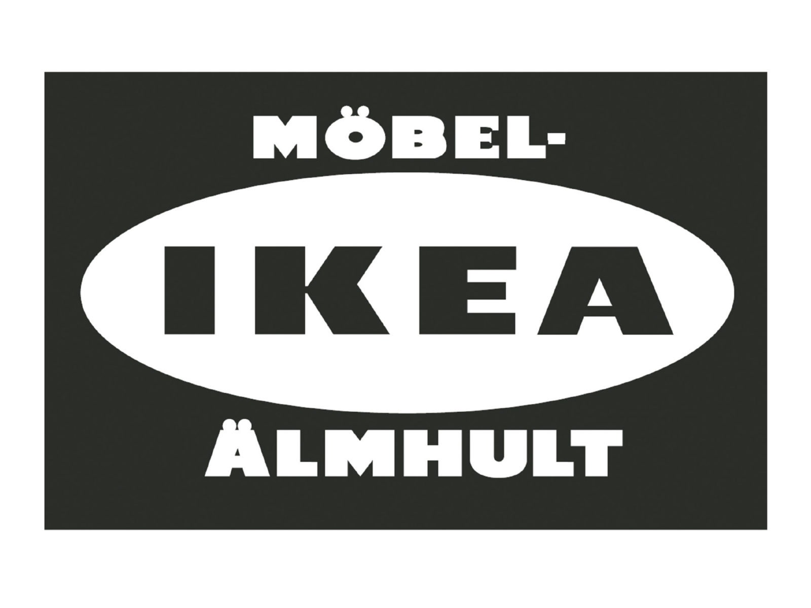 IKEA in black capital letters on white oval on black background. Text above oval says MÖBEL- and text below says ÄLMHULT.