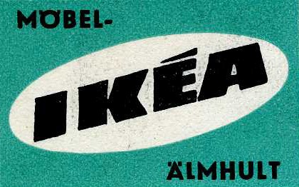 IKÉA in black text on white oval on green. Top left corner text says MÖBEL (furniture), right bottom corner says ÄLMHULT.