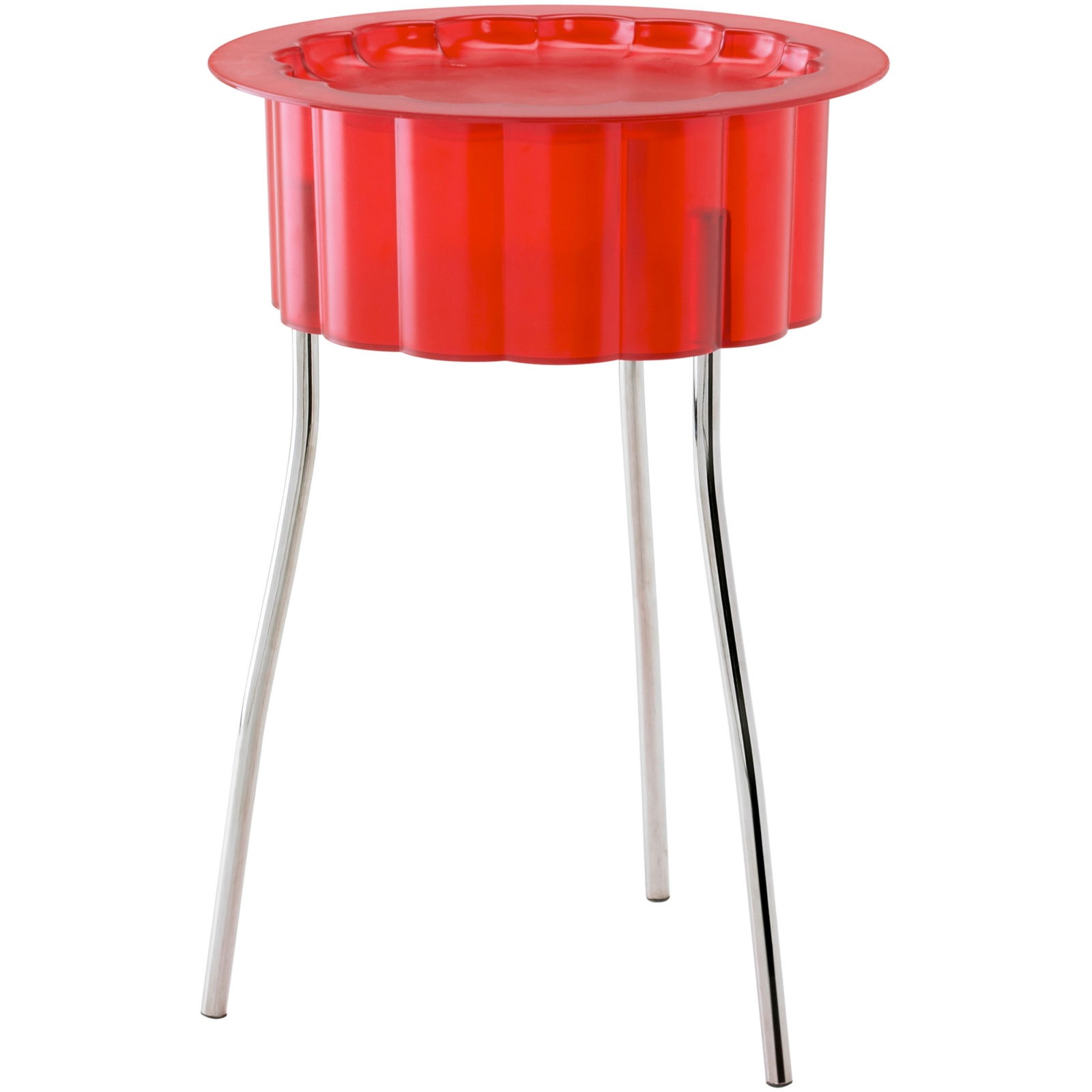 Ett litet rött sidobord, HATTEN, som ser ut som en uppochnervänd hatt på metallben.