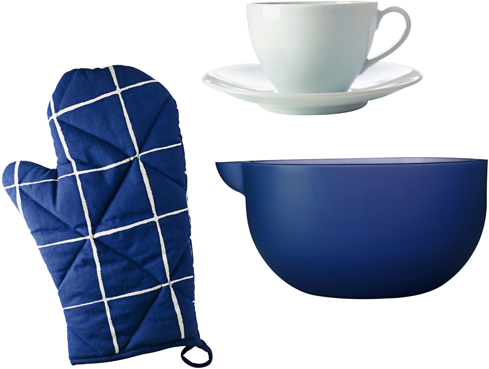 Three IKEA 365 kitchen products, one oven mitt in chequered blue and white, one blue mixing bowl, and a white cup and saucer.