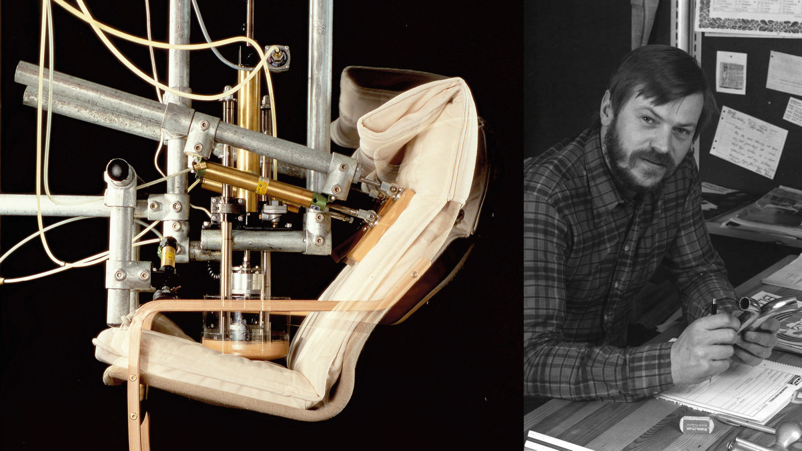 Una máquina prueba un sillón con pistones de acero y planchas. Bo Wadling, con barba, sostiene tubos en un escritorio.