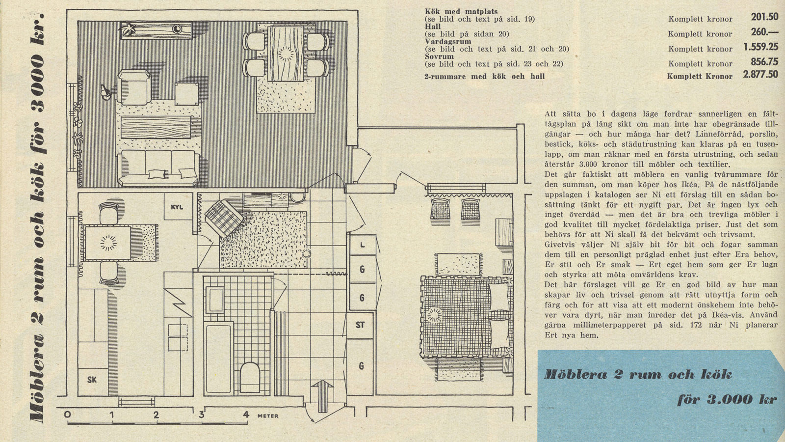 Page from catalogue with line drawing of one-bedroom apartment next to description and price list.