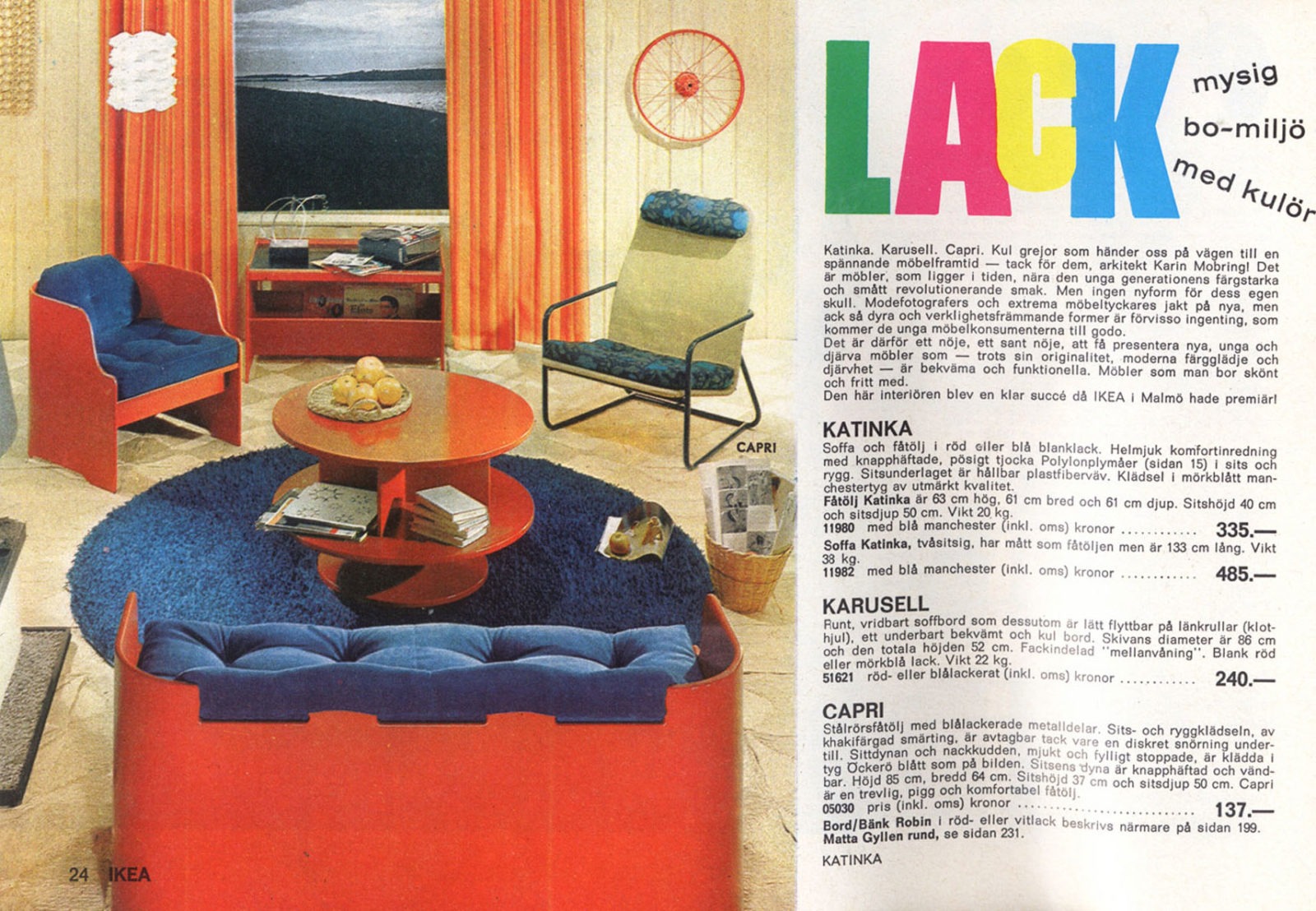 Catalogue spread with youthful 1960s interior, low wood furniture in bright red and blue, vinyl records in background.
