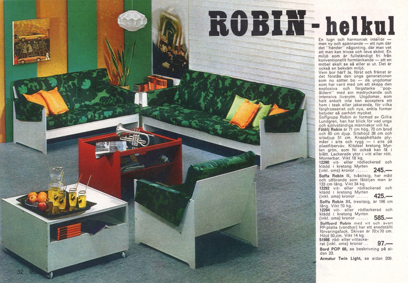 Catalogue spread with youthful decor, low wooden sofas with green floral pattern on cushions, a red table with storage.