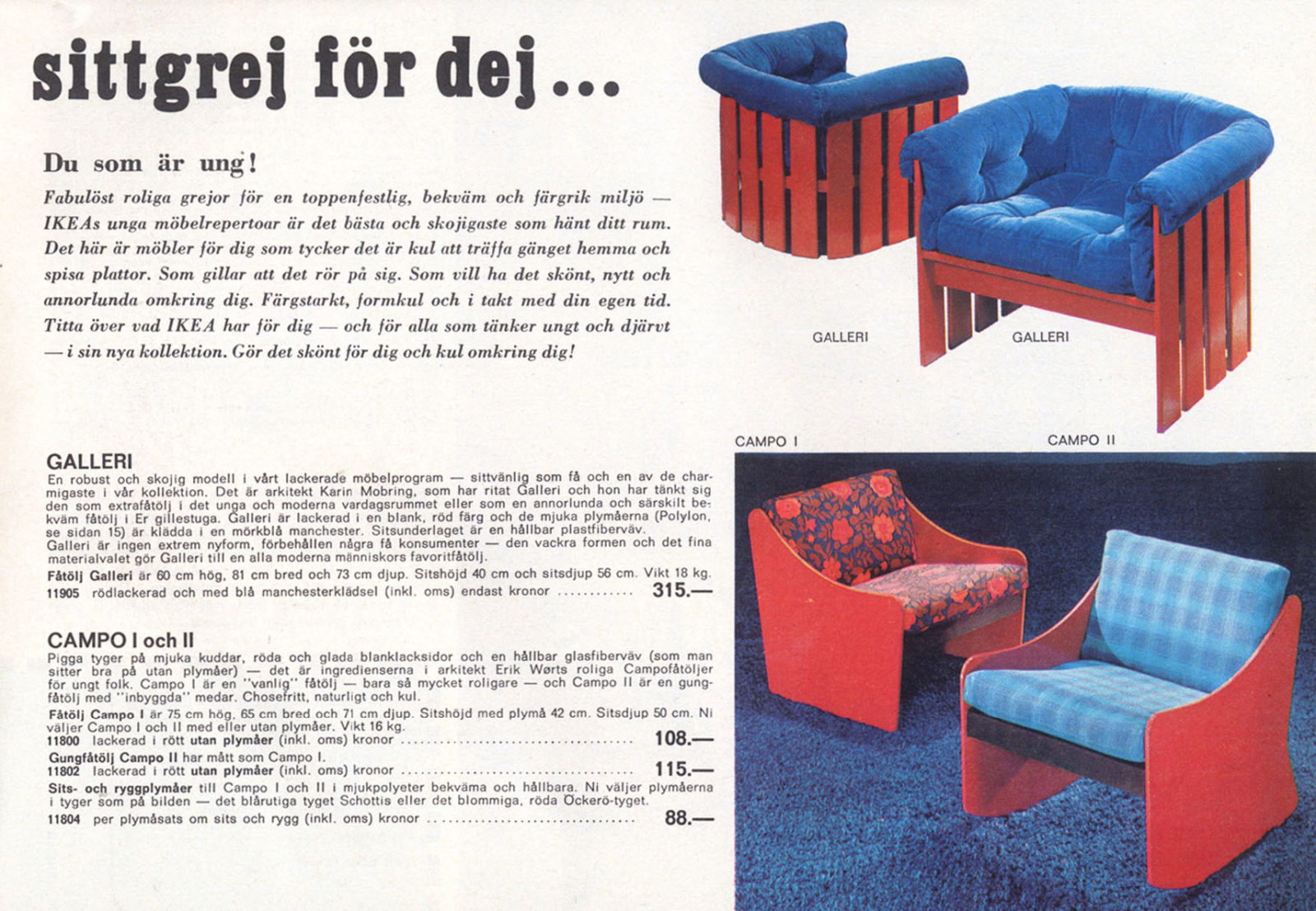 Katalogsida med ungdomliga röda träfåtöljer med blå eller röd stoppning, och text riktad till unga 1960-tals-konsumenter.