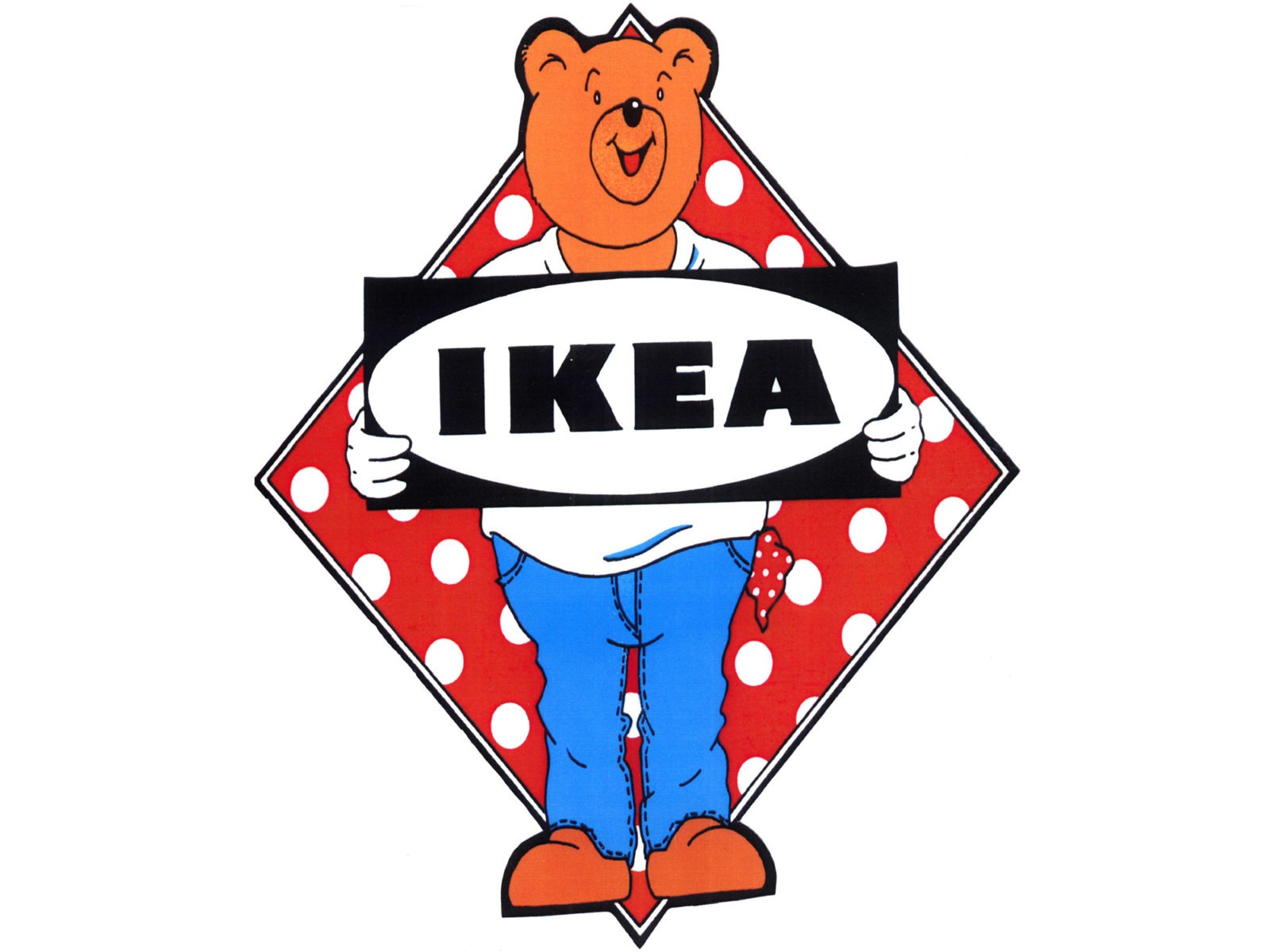 Drawing of a happy teddy bear holding up a sign with the text IKEA.