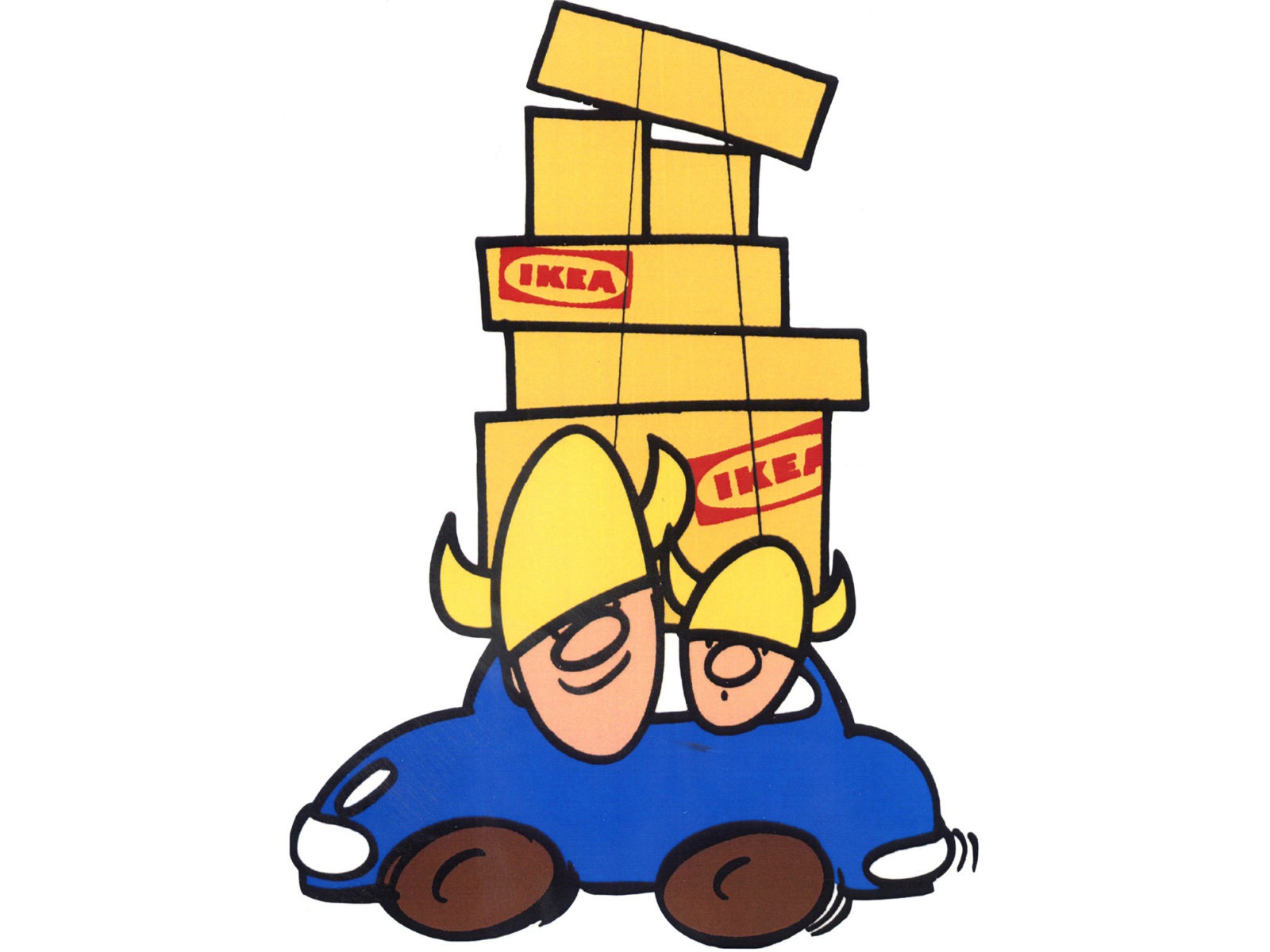 Cartoon drawing of two oversized Vikings crammed into a blue car, a stack of IKEA flat packs on its roof rack.