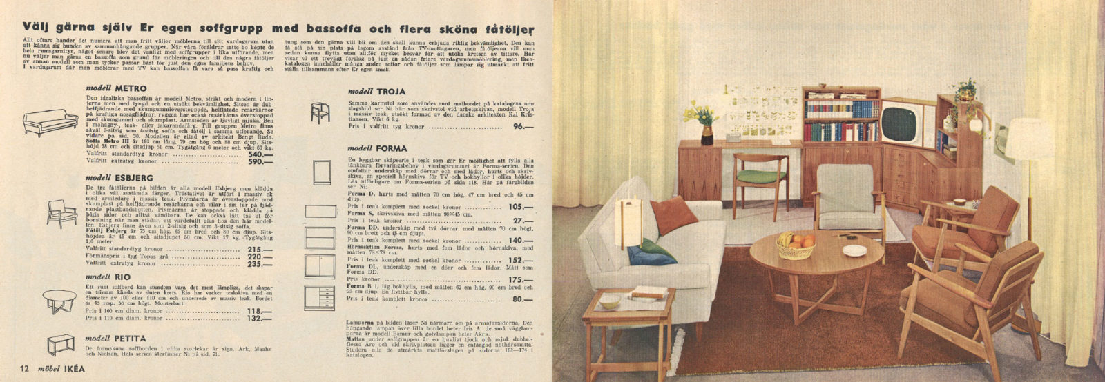 Uppslag i IKEA katalogen 1961 med möbelbeskrivningar och en helsidesbild av ett ljust vardagsrum med blommor i vas och en tv.
