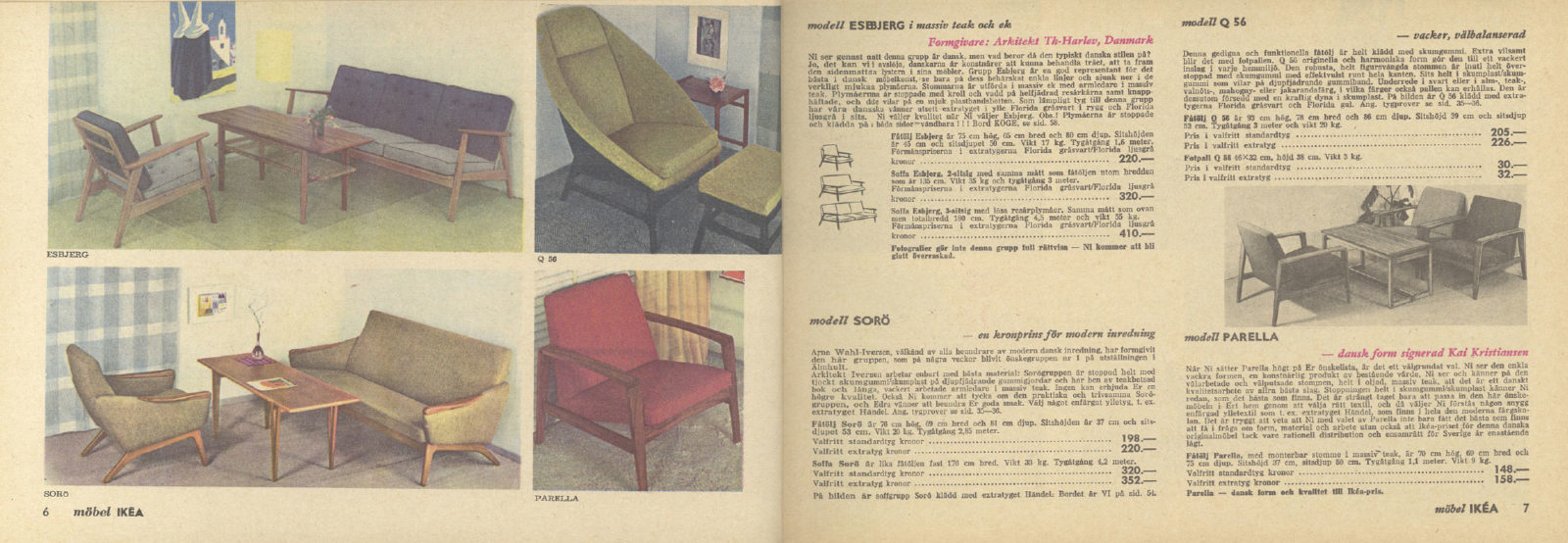 Uppslag i IKEA katalogen 1960 med foton av enkla rumsinteriörer och, till höger, beskrivningar av möbler.