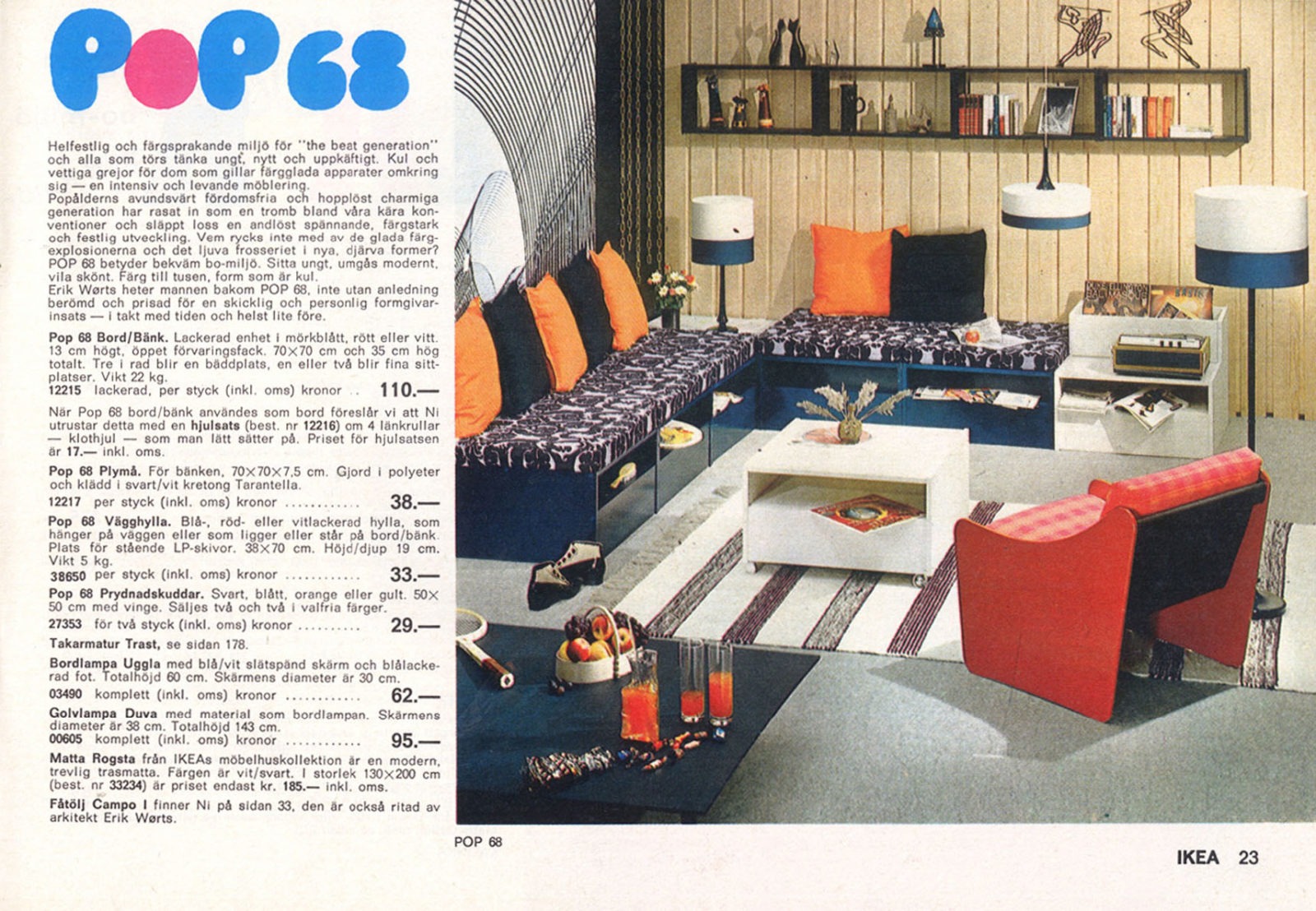 Katalogsida med ungdomlig 1960-tals-inredning i gillestuga med trävägg och låga möbler i blått, rött, orange och svart.