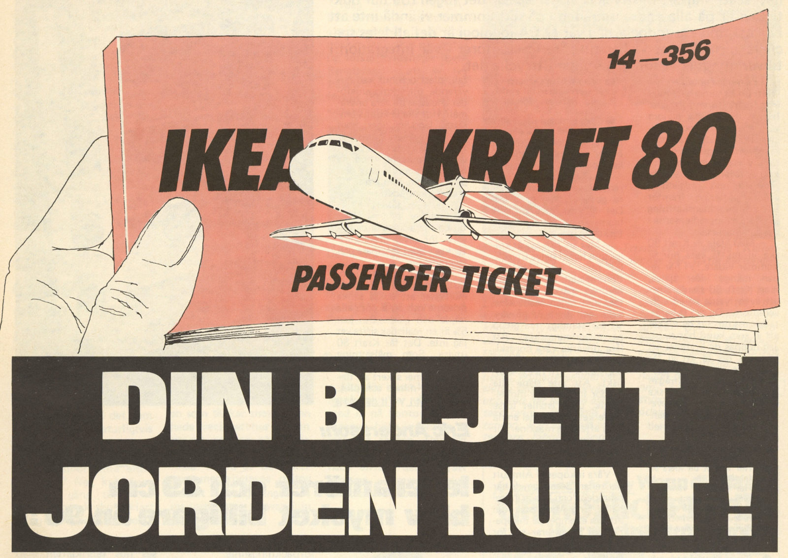 Teckning av hand som håller i en gammeldags flygbiljett med texten 