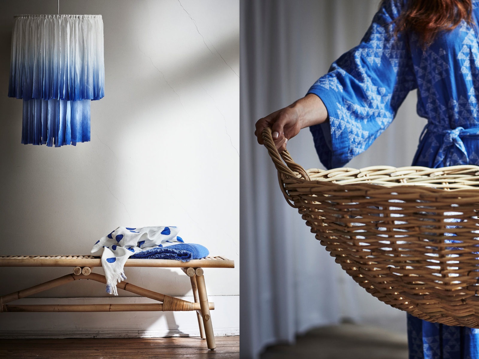 Hängande lampa av batikfärgat blåvitt tyg över rottingbord. Kvinna i blåvit morgonrock håller i stor flätad korg.