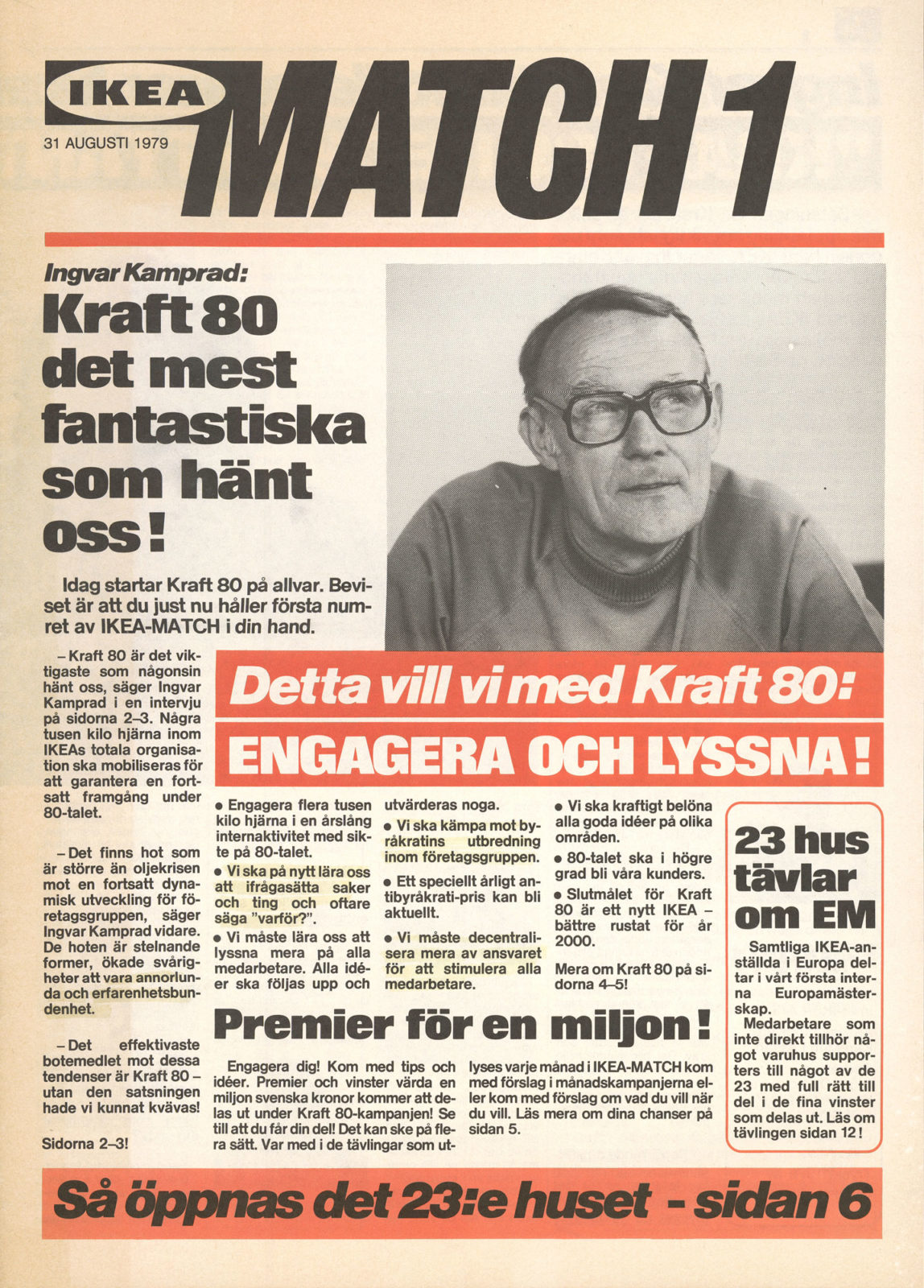 Omslag till interntidningen MATCH från IKEA med foto av Ingvar Kamprad och rubrik om projektet Styrka 80.