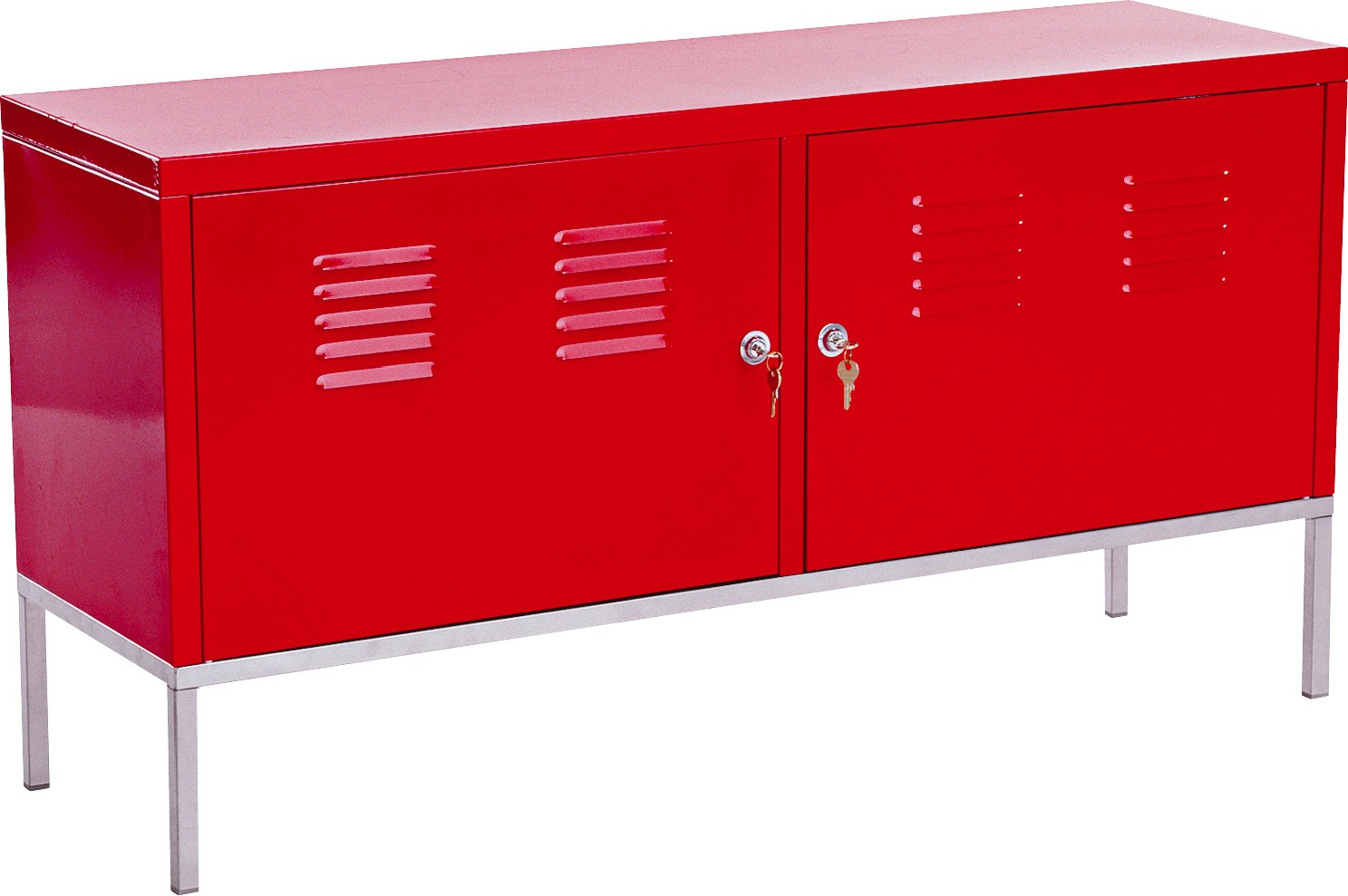 Low two-door red metal cabinet on stainless steel base.