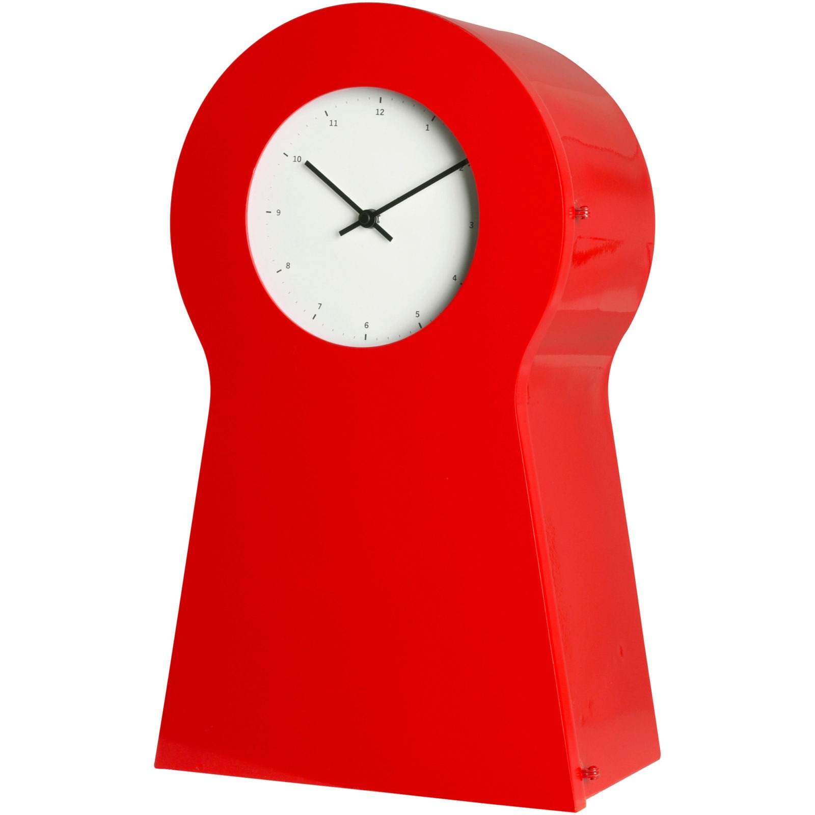 A small, slightly plump, red keyhole-shaped table clock.