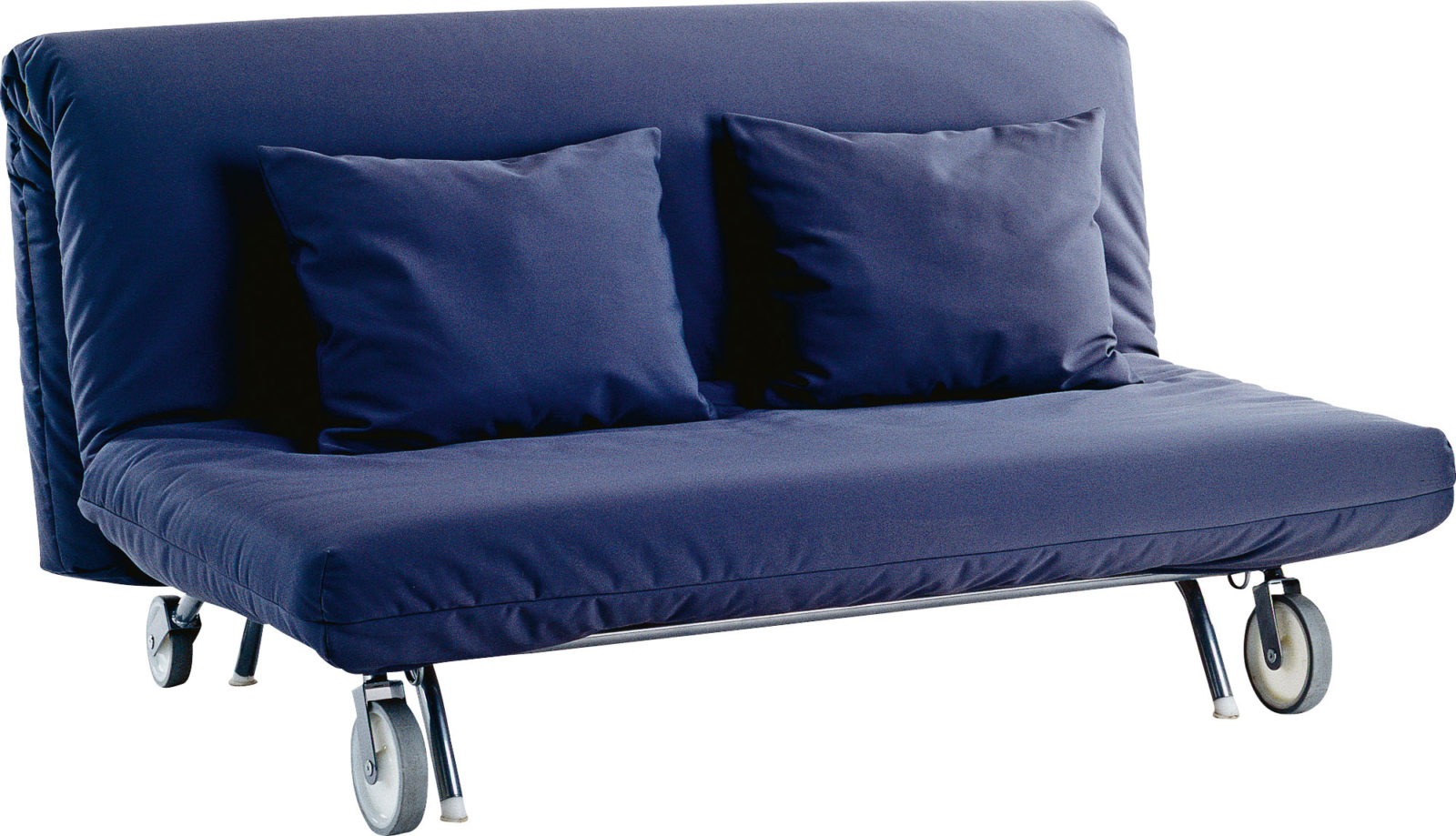 Blue two-seater sofa on wheels, IKEA PS sofa bed.