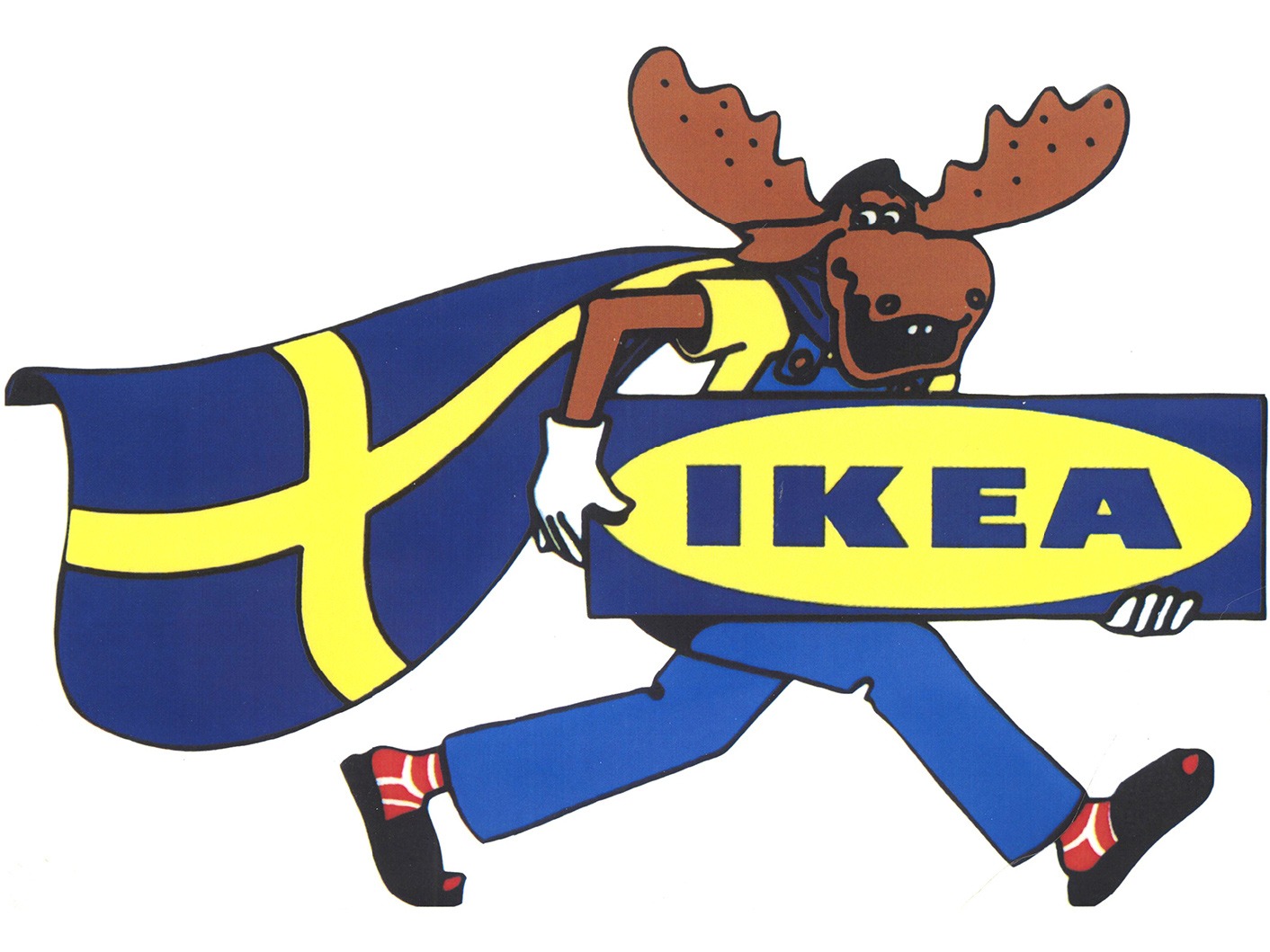 Tecknad älg bär stor skylt med texten IKEA under armen, iklädd jeans och mantel av en svensk flagga.
