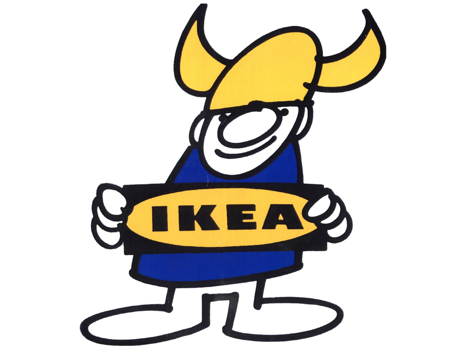 Enkel teckning av en viking i hjälm som håller upp en skylt med texten IKEA.