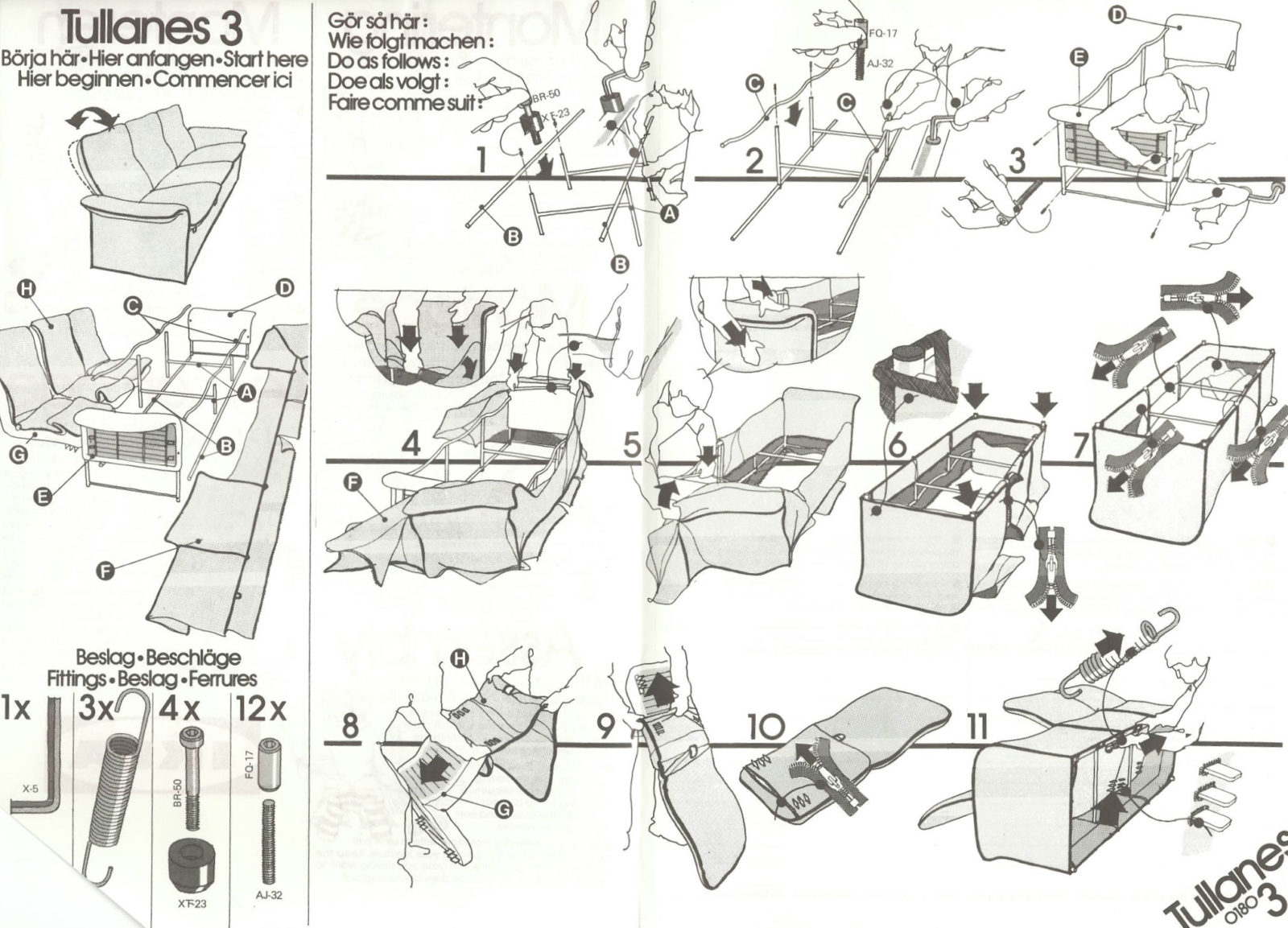 Complicated and difficult-to-understand assembly instructions from IKEA for the TULLANÄS armchair.