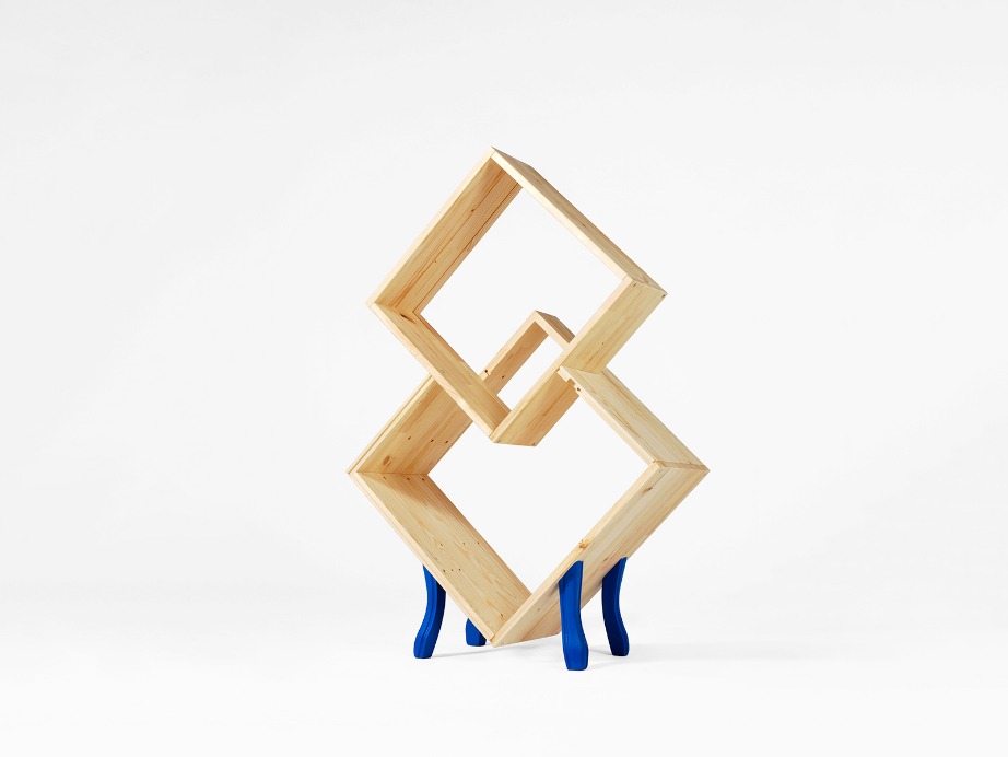 A sculpture called Unikea made from two IKEA wooden boxes in different sizes and four blue legs by Kenyon Yeh.