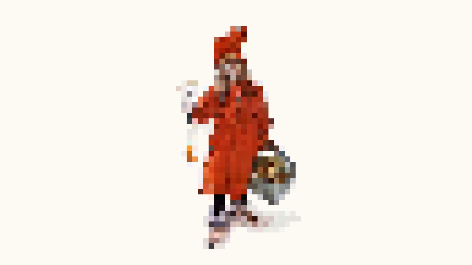 A pixelated version of the famous painting “Brita as Idun”, a young girl in a red dress, by Swedish painter Carl Larsson.