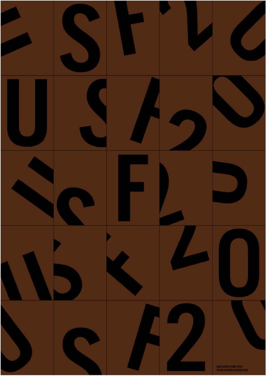 Svarta bokstäver och siffror tryckta på bruna rektanglar som ligger huller om buller.