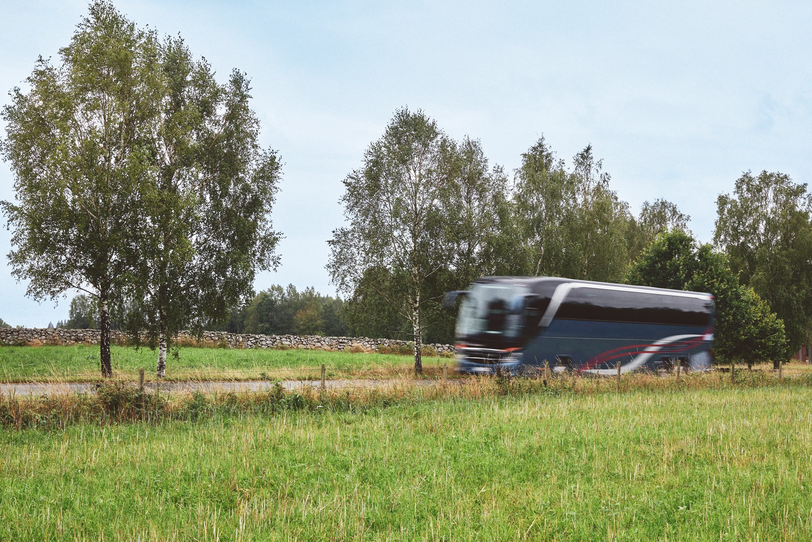 Ett soligt, grönt landskap, träd, en väg och en modern turistbuss på väg till IKEA Museum i Älmhult.