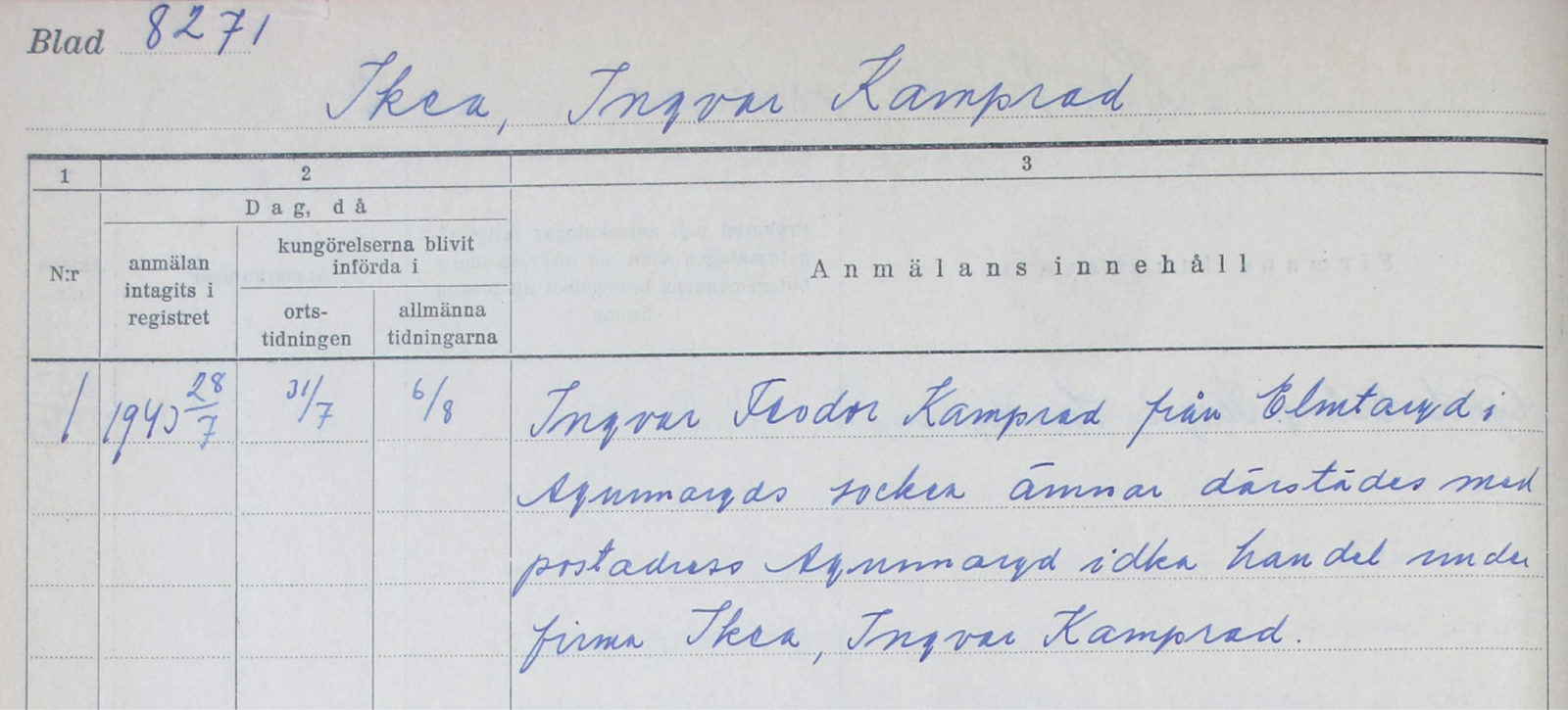 Form filled in with blue pen, Ingvar Kamprad requests to start company Ikéa in Elmtaryd, Agunnaryd, 1940.