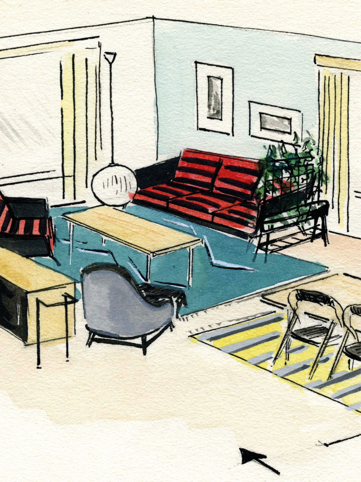 Interiör målad i akvarell av vardagsrum i modern 1950-talsstil med möbler i ljust trä, konst och skupturer.