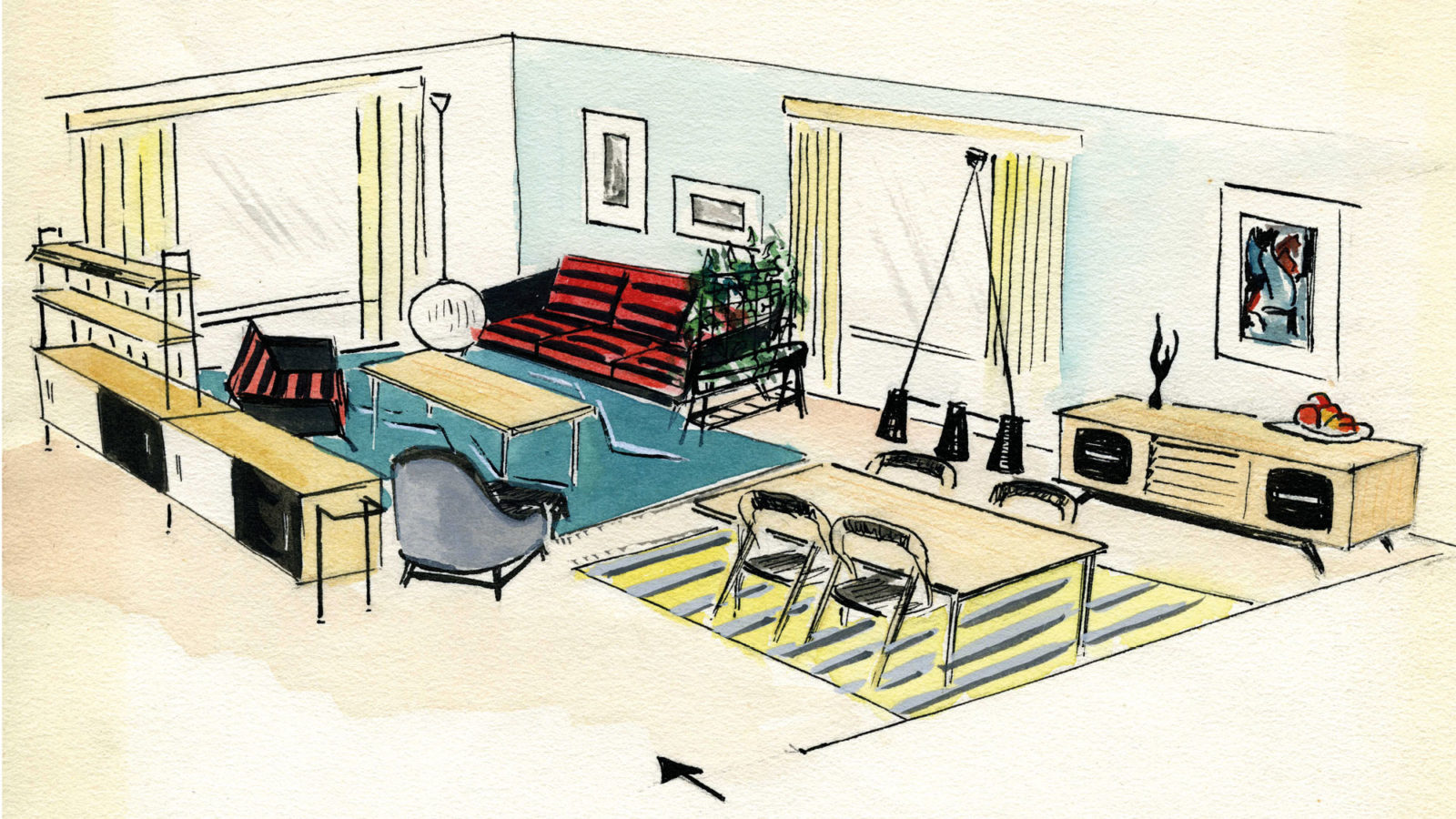 Interiör målad i akvarell av vardagsrum i modern 1950-talsstil med möbler i ljust trä, konst och skupturer.
