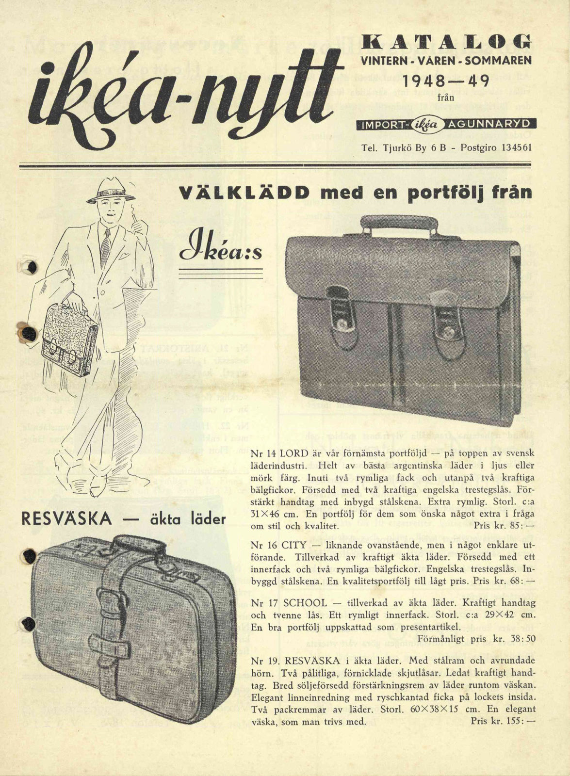 Page jaunie du catalogue IKEA, avec photos de valises et porte-documents, 1948-49.