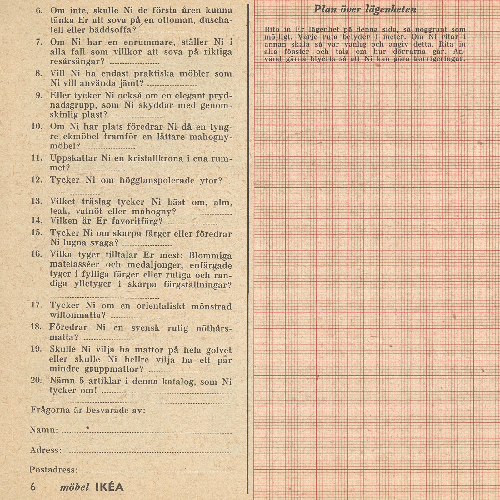Frågeformulär för kunder i IKEA-katalogen 1957, med plats för att skissa sin lägenhet.