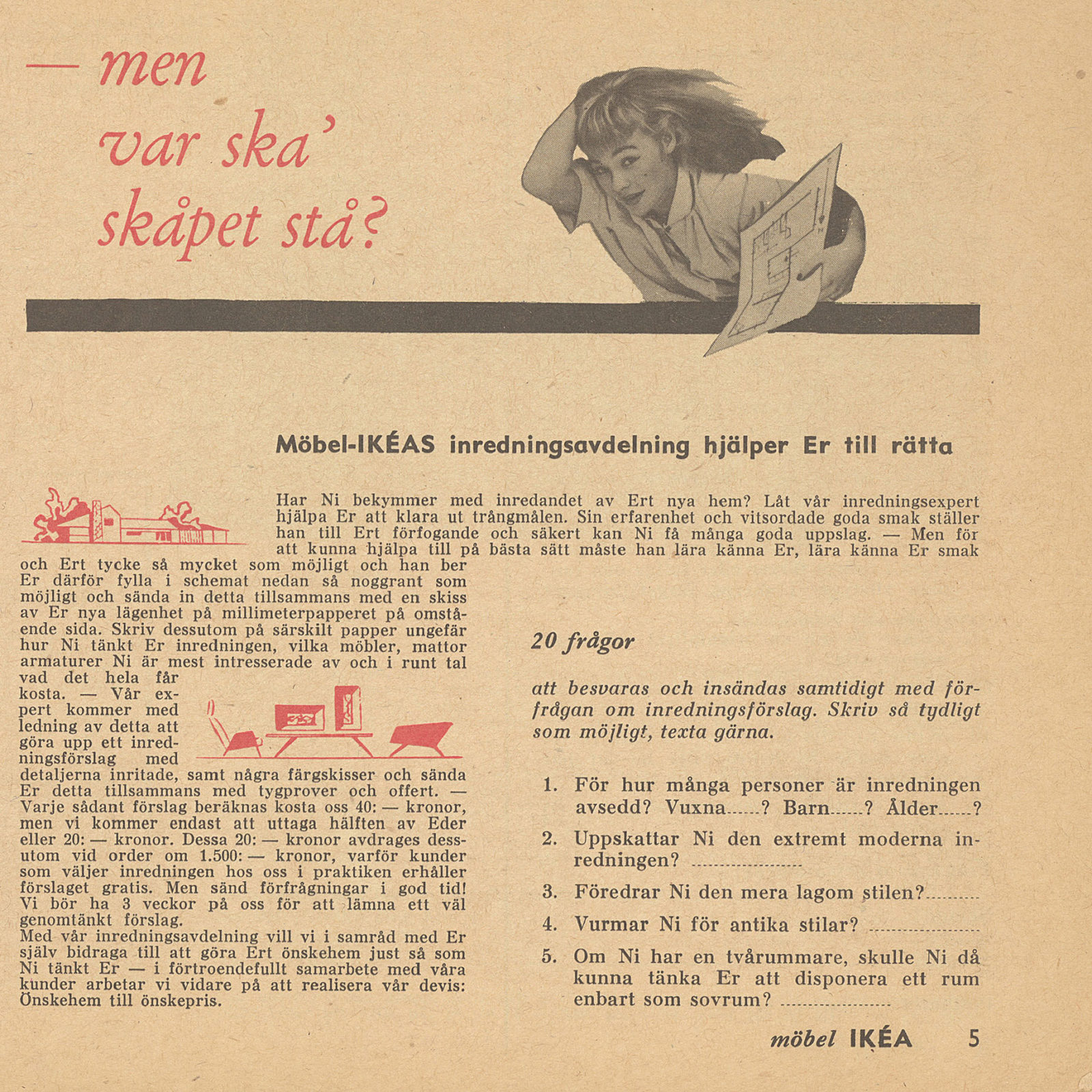 Frågeformulär för kunder i IKEA-katalogen 1957, med små silhuetteckningar av hus och möbler.