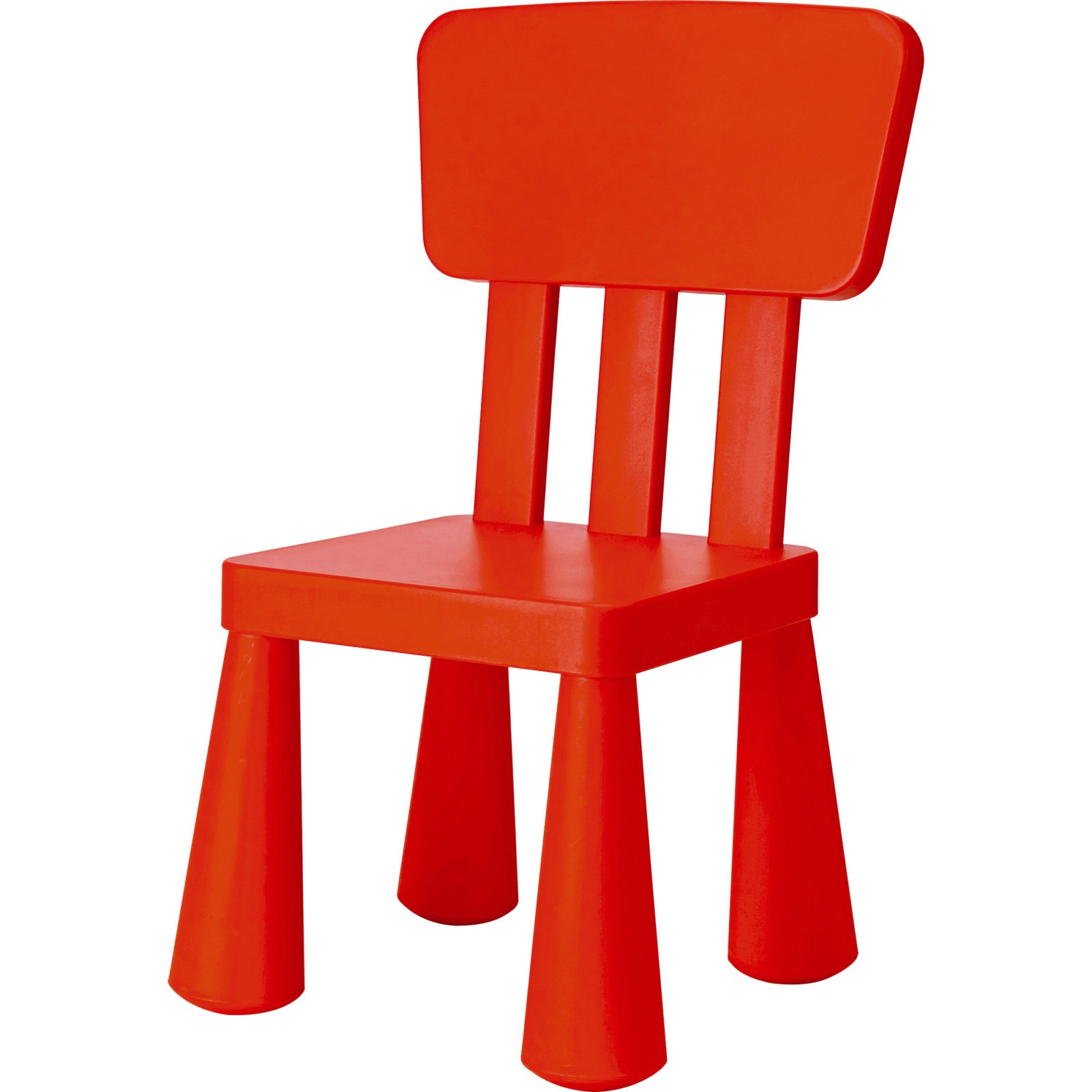Röd plaststol, MAMMUT, gjord för barn i lekfulla proportioner.