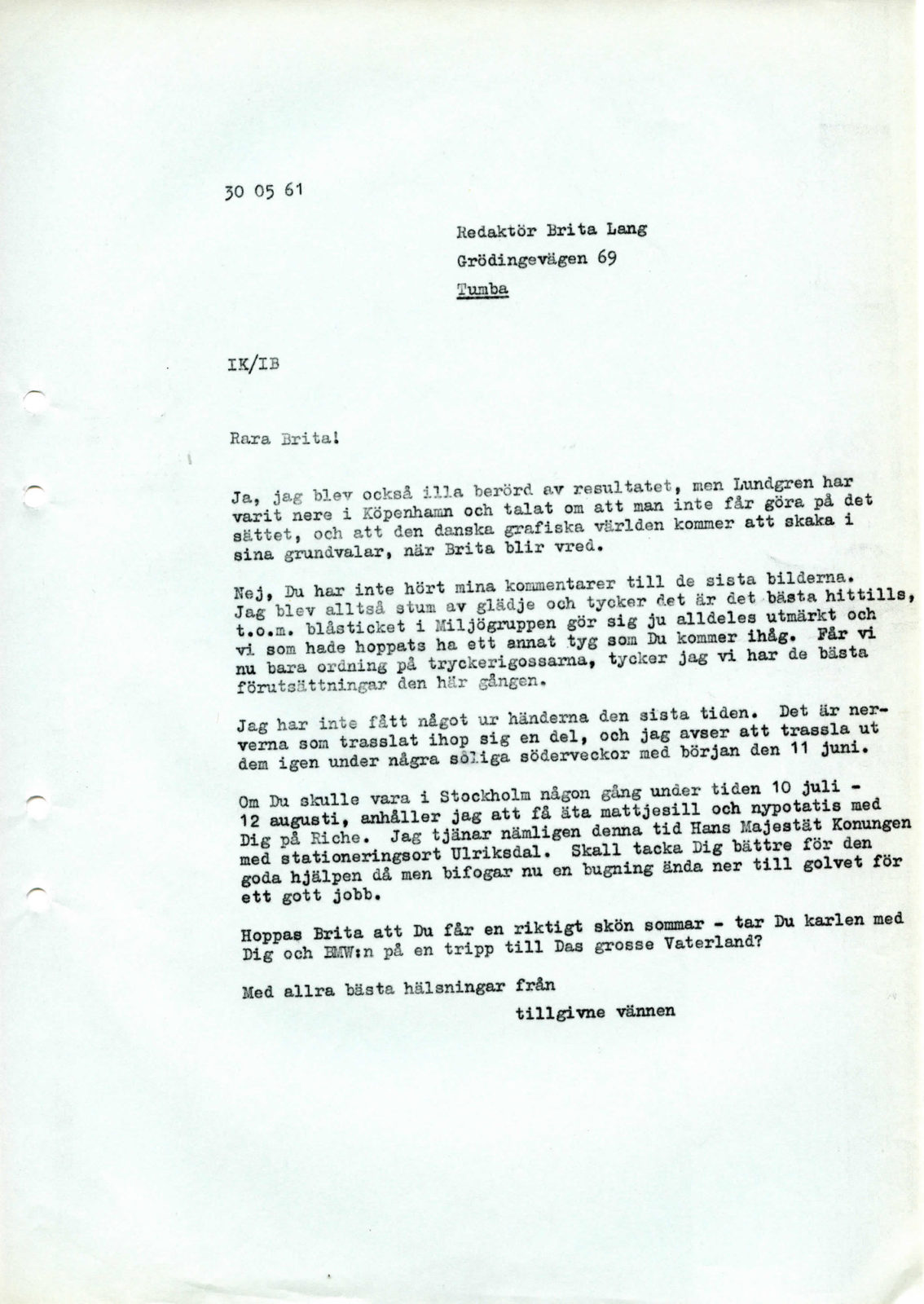 Maskinskrivet brev från Ingvar Kamprad till Brita Lang, 30 maj 1961.