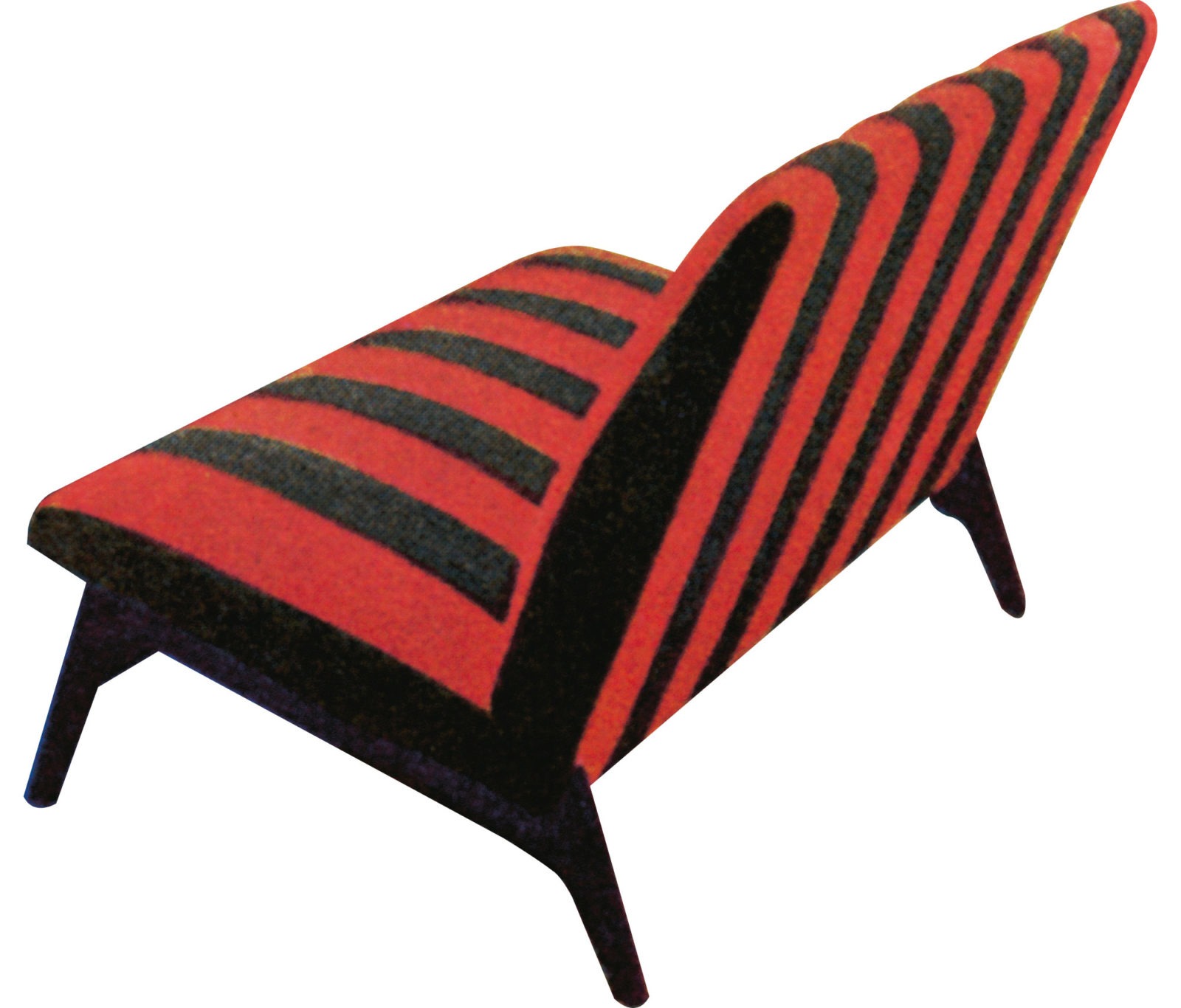 Liten soffa med röd-svart-randigt tyg, IKEA PRAAG.