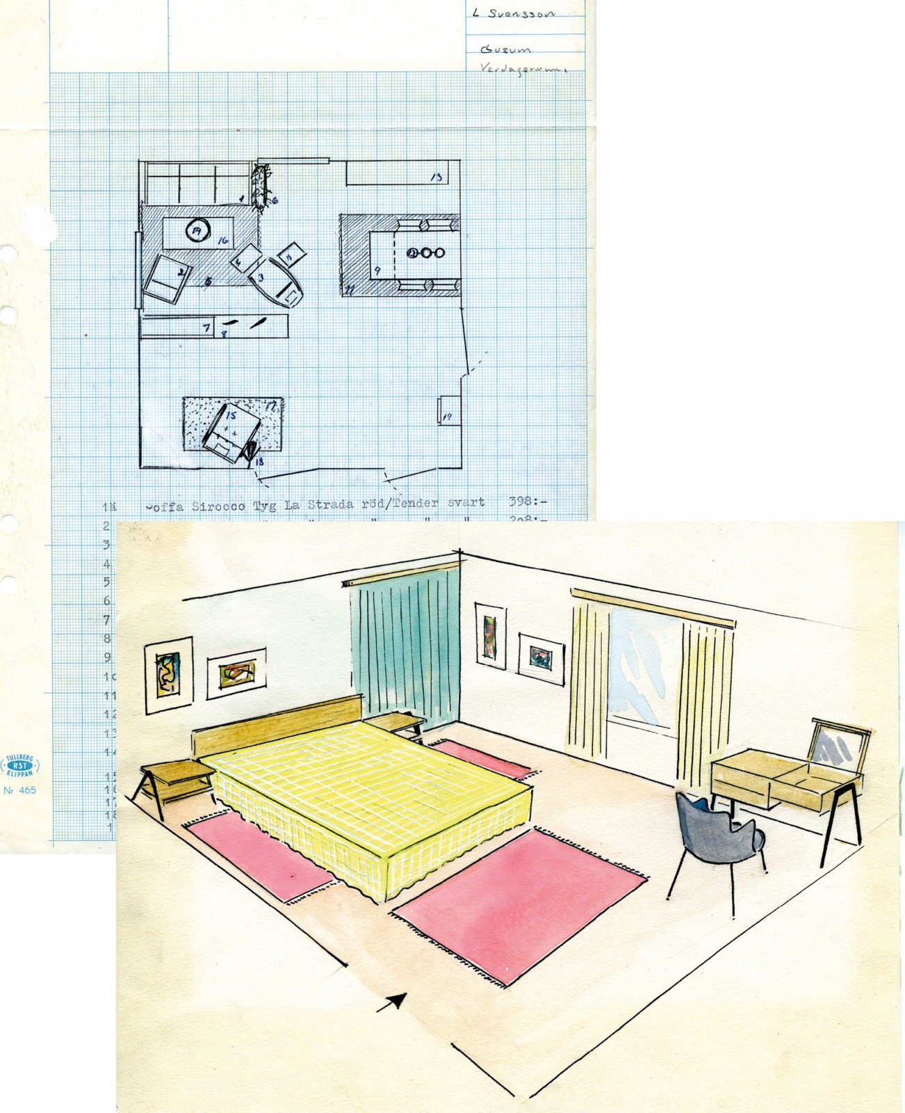 Inredningsskiss med möbelförteckning och kostnad, samt akvarellmålad interiör, ett sovrum i modern 1950-talssstil.