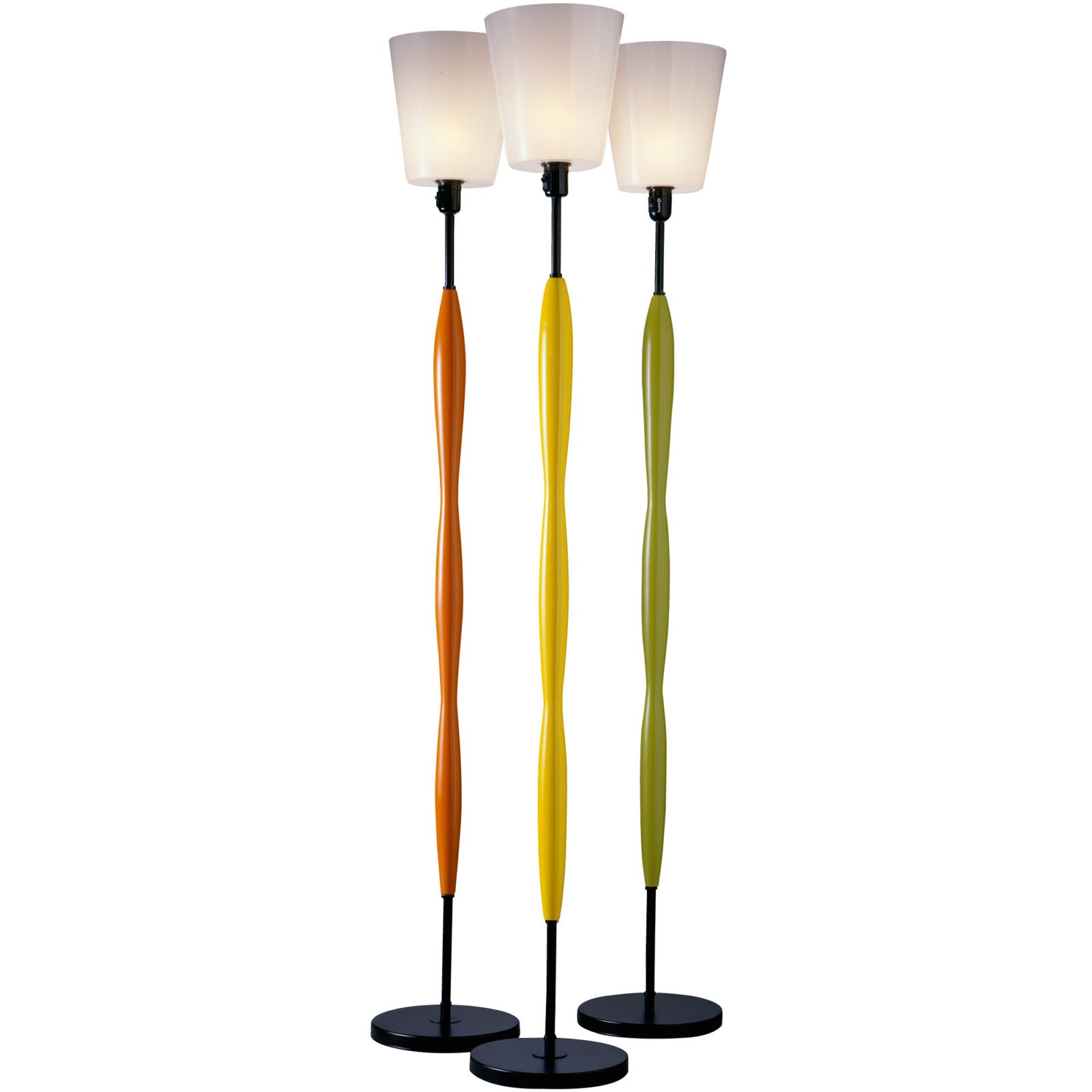 There are floor lamps with frosted glass shades, base in orange, yellow or green, with black foot, SMOG.