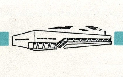 Enkel teckning i 1950-talsstil av varuhusbyggnad.